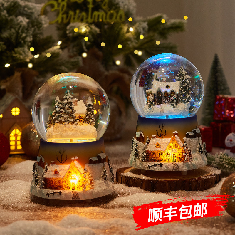 新年元旦旋转玻璃水晶球音乐八音盒自动飘雪下雪花男女孩儿童礼物