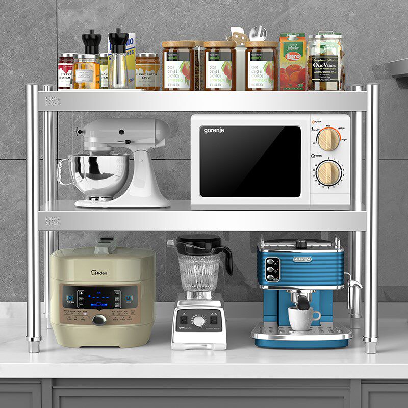 304不锈钢厨房置物架双层台面调料瓶收纳架家用多功能微波炉架子