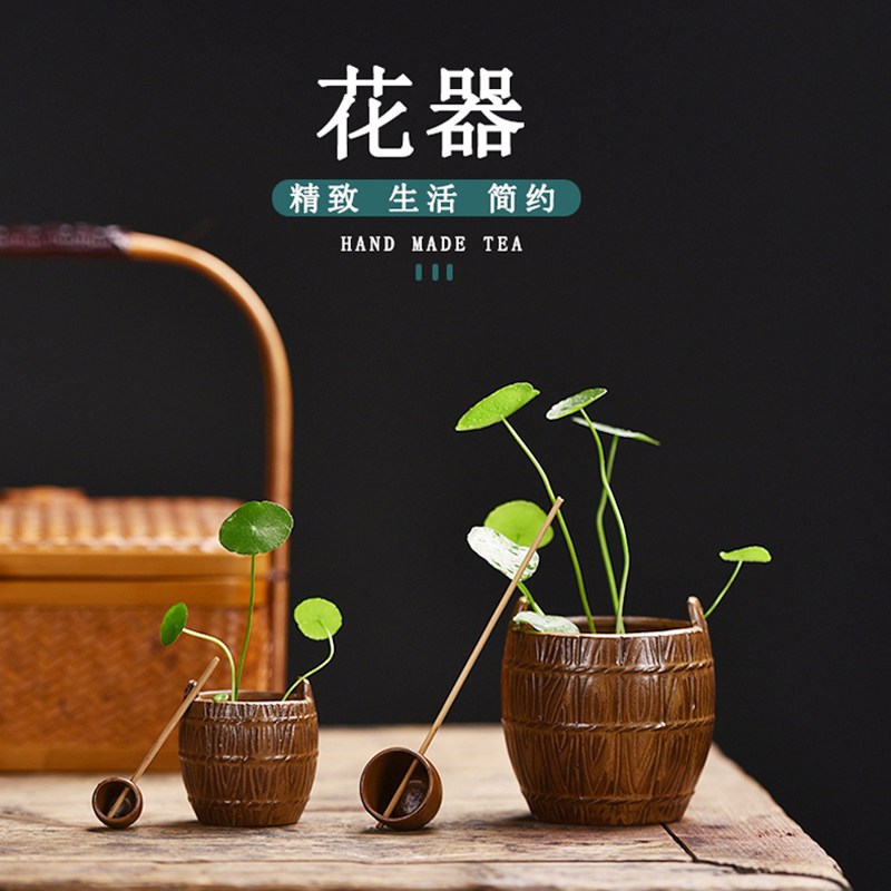 创意木桶复古陶瓷迷你小花器家居水培插花办公茶桌博古架摆件装饰