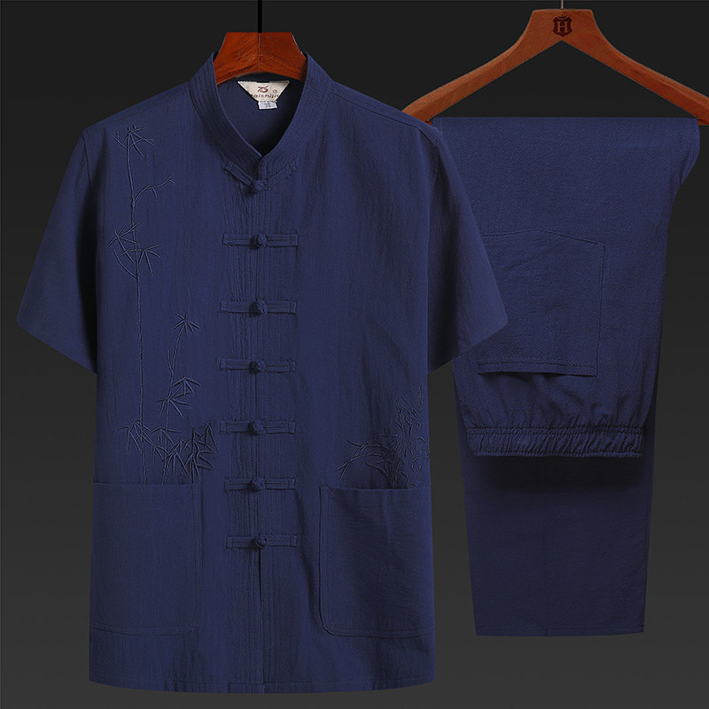 中老年唐装男夏装纯棉中式短袖套装薄款爸爸爷爷装中国风老人衣服
