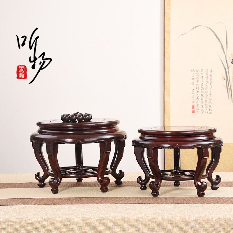 非洲酸枝实木圆形花瓶鱼缸底托几架盆景展示花器花道铜器摆件底座