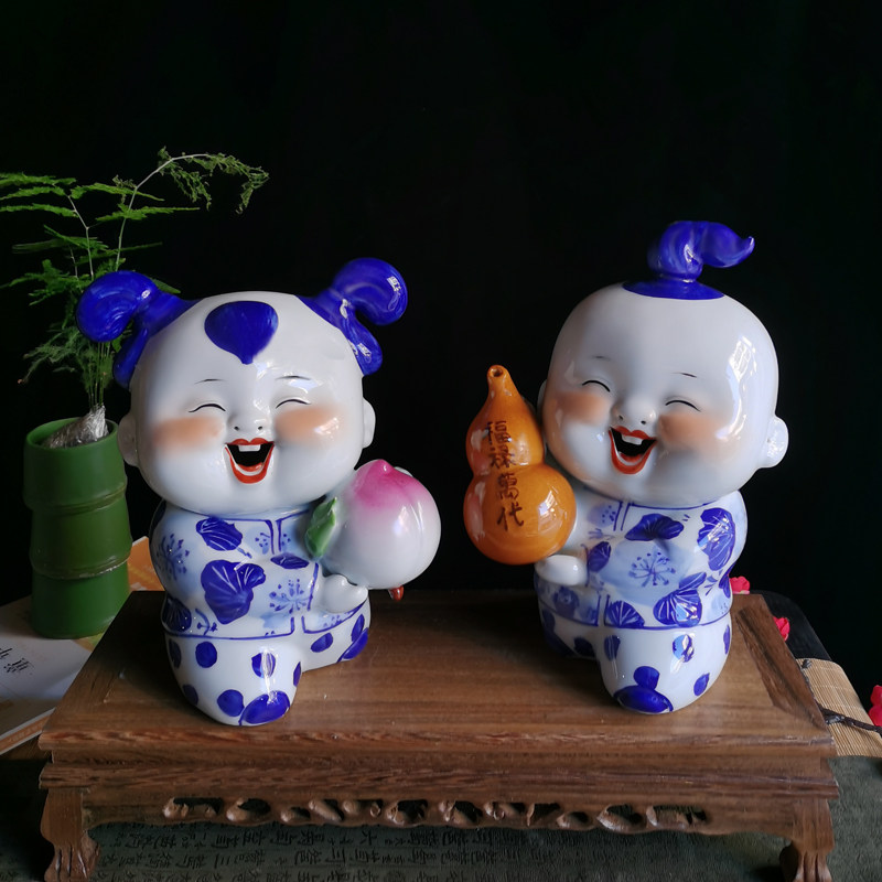 陶瓷摆件中式创意摆设结婚送礼雕塑可爱手绘青花陶瓷娃娃家居装饰
