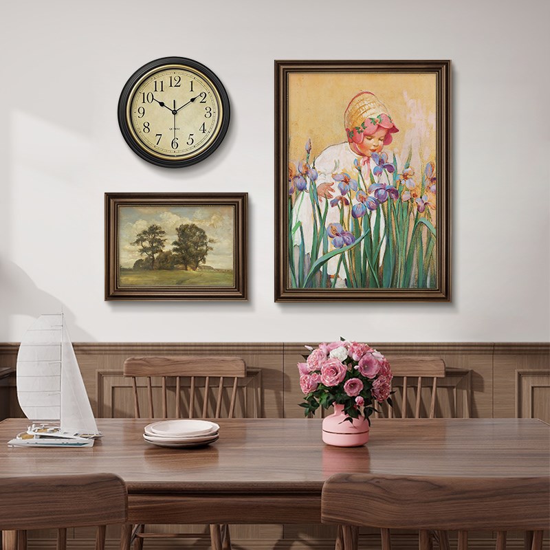美式餐厅挂画带钟表客厅卧室背景墙装饰画餐桌壁画玄关走廊组合画