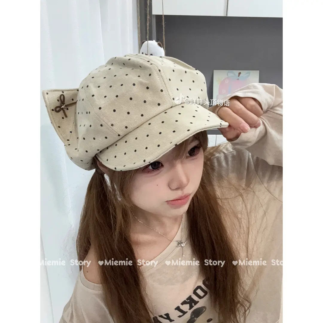 日系可爱猫耳波点贝雷帽女夏季