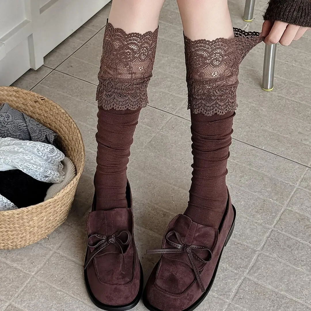 高品质小腿袜子女秋冬蕾丝堆堆袜
