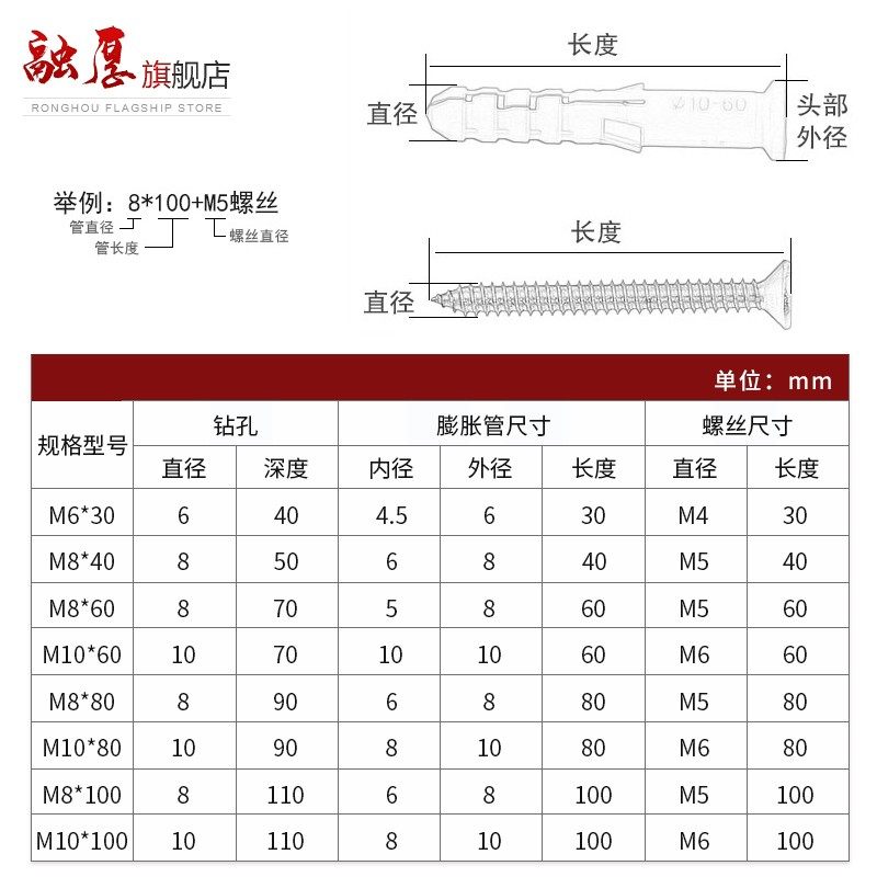 小黄鱼膨胀螺丝胶塞不锈钢自攻钉套装6/8/10mm塑料膨胀管螺栓M6M8