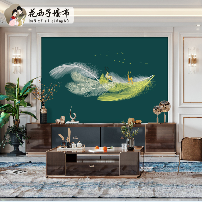 现代中式刺绣羽毛卧室床头背景墙布书房客厅沙发电视影视背景壁布