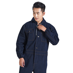 防烫牛仔连体服工作服带帽电焊耐高温防尘服纯棉防护服大褂劳保衣