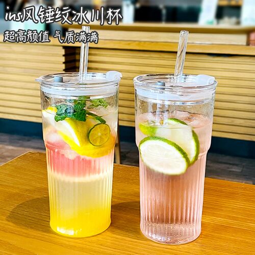 网红耐高温玻璃杯新款学生高颜值吸管喝水杯女生果汁饮料冷饮杯子