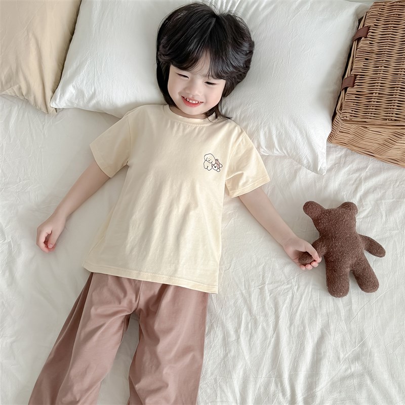 儿童纯棉睡衣夏季薄款短袖七分裤圆领套装女孩家居服抗菌空调服男