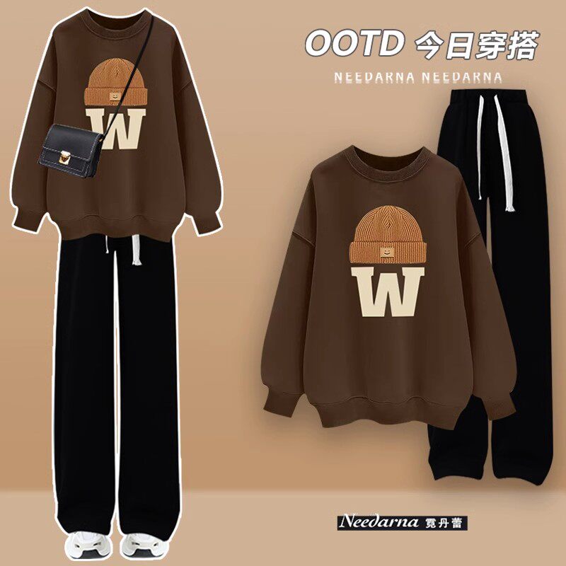 冬季学生卫衣加绒加厚套装女2023学院风搭配一整套阔腿裤两件套秋