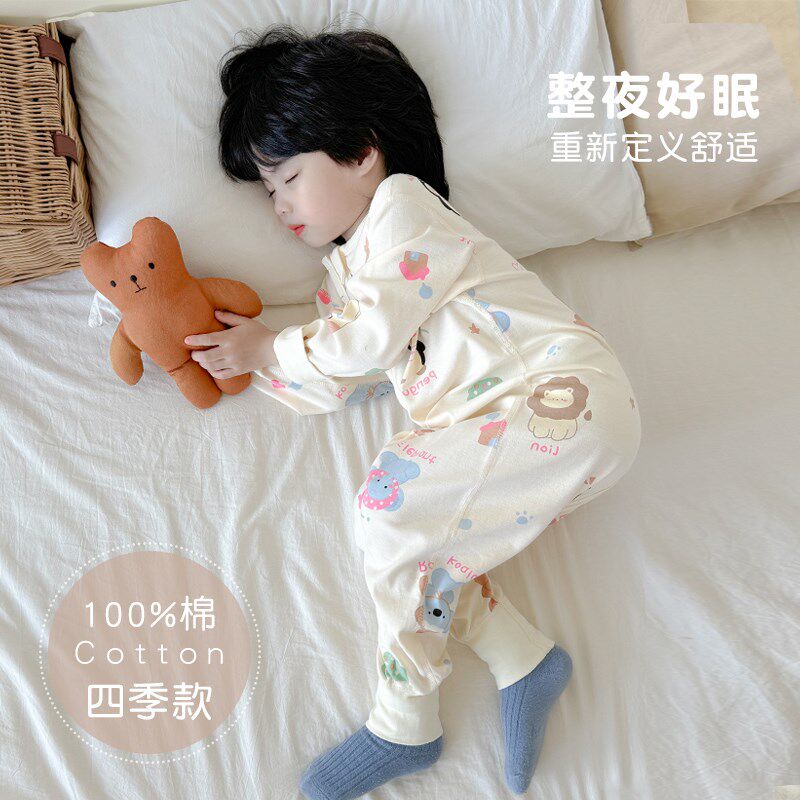 儿童睡衣连体睡袋春秋冬款纯棉男童连身家居服女宝宝防踢睡袍a类