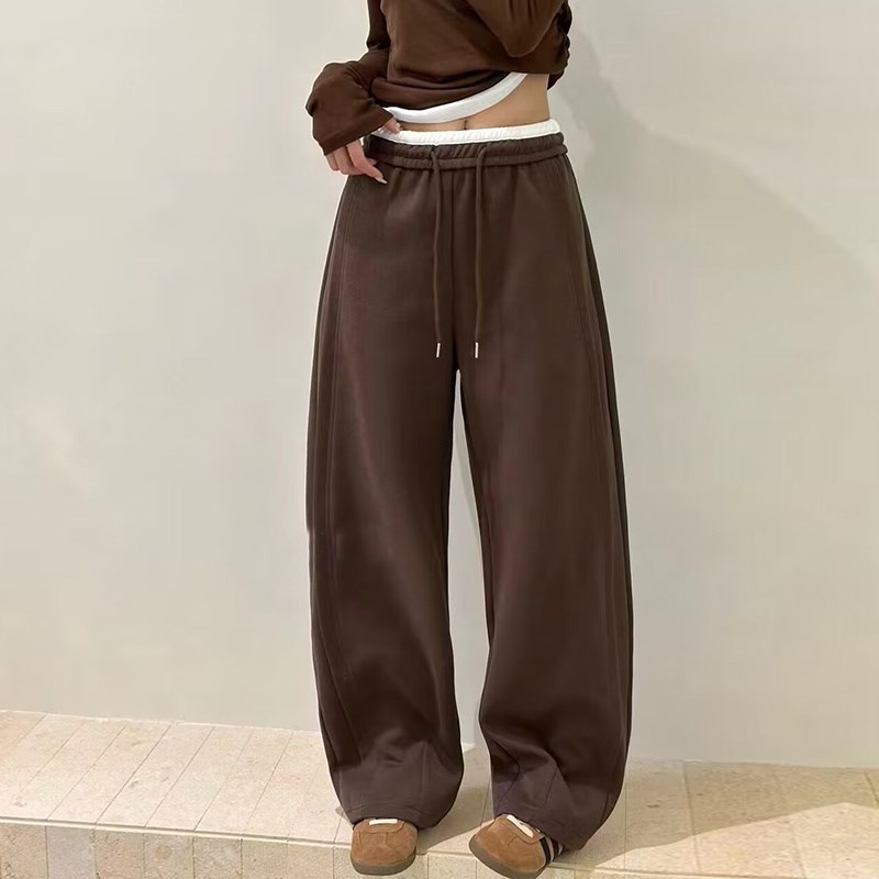 2024秋季新款撞色松紧腰抽绳卫裤女宽松百搭休闲弯刀香蕉裤长裤子