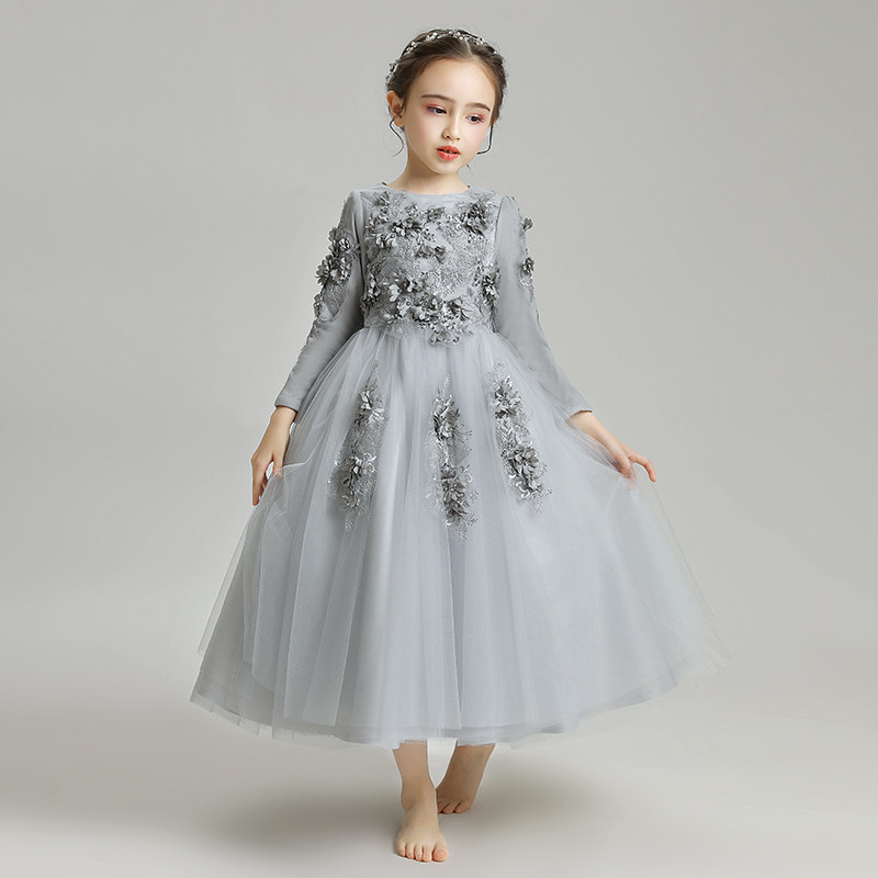 女童晚礼服公主裙儿童婚纱高贵小花童礼服蓬蓬纱长袖钢琴演出服冬