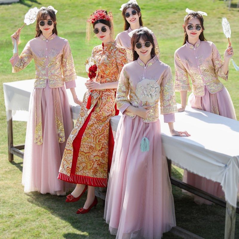 伴娘服中式2024秋冬新款秀禾显瘦蓝色伴娘裙姐妹团结婚礼服女旗袍