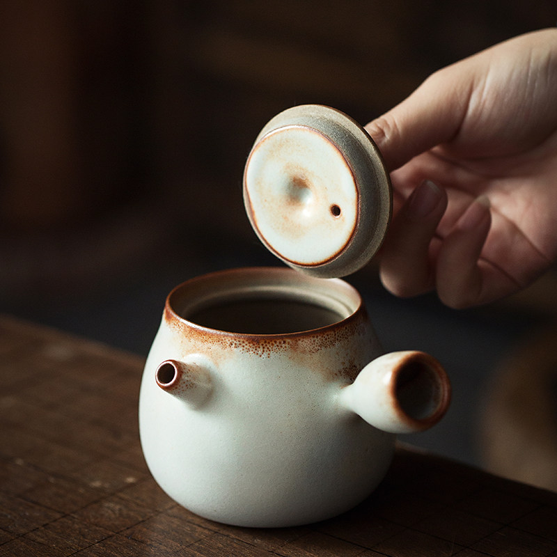 日式窑变志野烧壶 原矿侧把泡茶壶 粗陶复古过滤泡茶器 功夫茶具