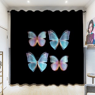 定制长帘粗麻黑色蝴蝶全遮光遮阳防晒卧室客厅挂钩寝室打孔窗帘布