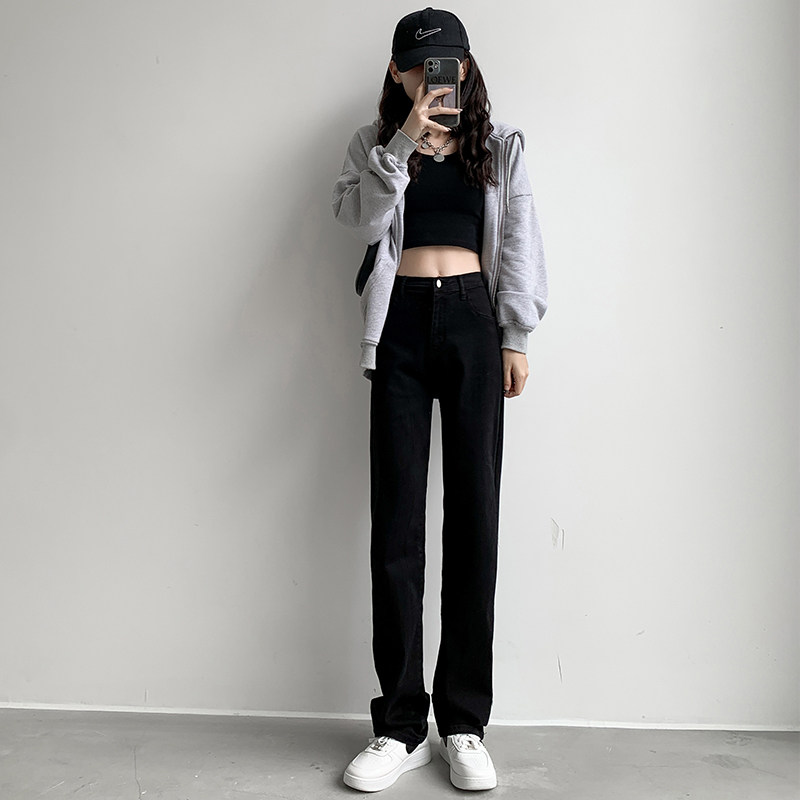 黑色直筒牛仔裤女秋冬加绒2022新款高腰显瘦加长高个子烟管裤子女