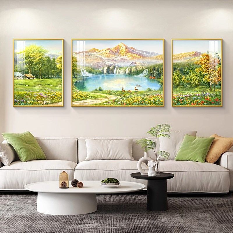 日照金山客厅装饰画奶油风沙发背景墙挂画山水风景油画三联壁画