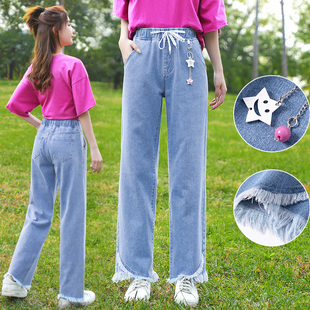 加绒新款高初中学生宽松牛仔阔腿裤直筒裤休闲女生长裤少女孩百搭