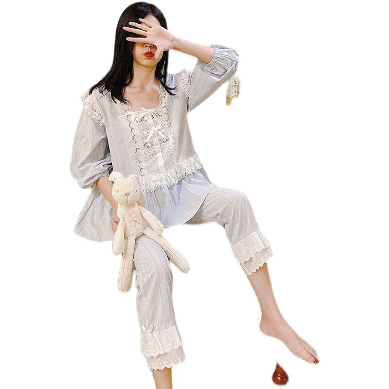 法式新款女秋冬纯棉纱布方领家居服少女蕾丝花边休闲甜美大码睡衣