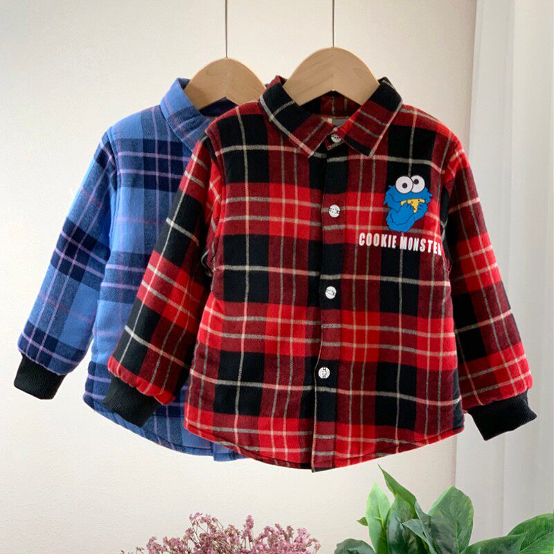 儿童加棉衬衣男童加厚双层外套冬季女宝宝保暖加绒格子夹棉衬衫寸