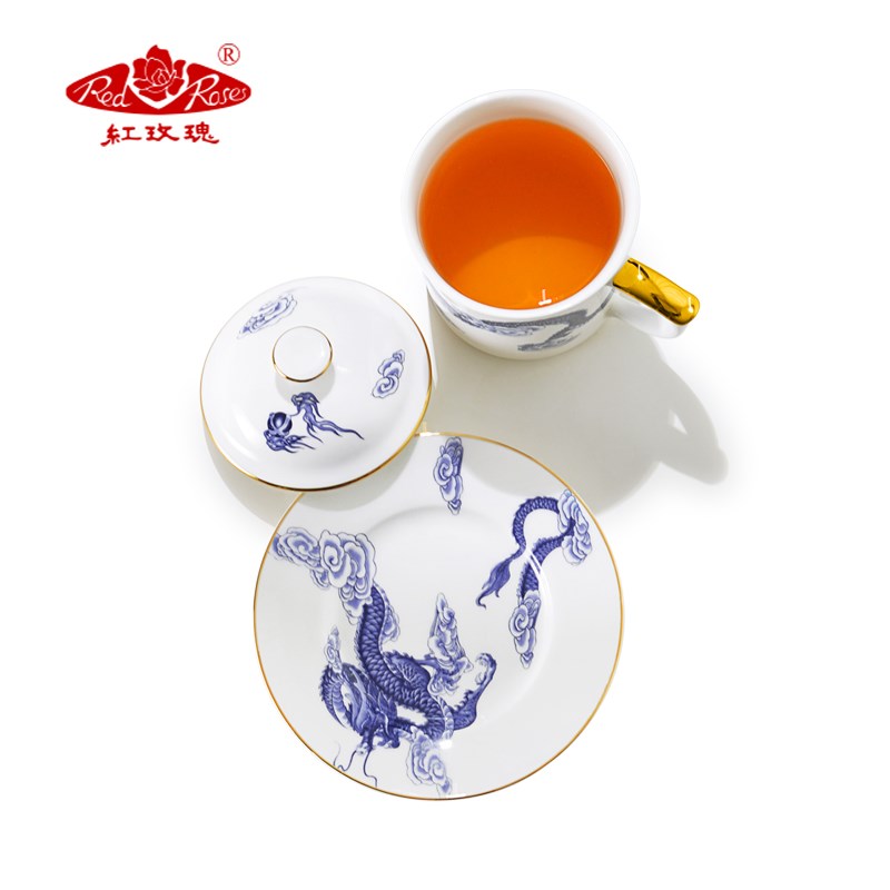 唐山红玫瑰盖杯骨瓷办公室水杯滤茶杯陶瓷套装中式釉中彩节日礼盒