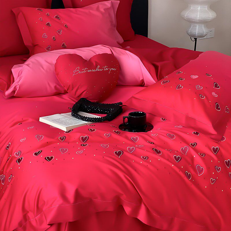 渐变爱心婚庆纯棉四件套长绒棉女方陪嫁被套全棉结婚床上用品喜被