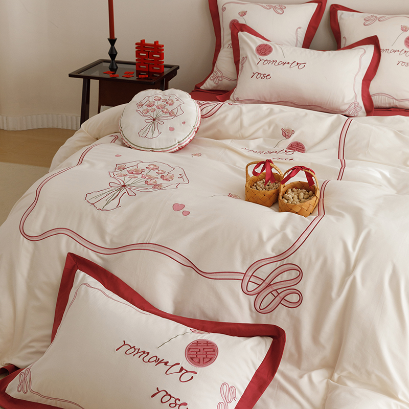 轻奢风结婚磨毛四件套100S全棉纯棉婚嫁高级感秋冬季婚庆牀上用品
