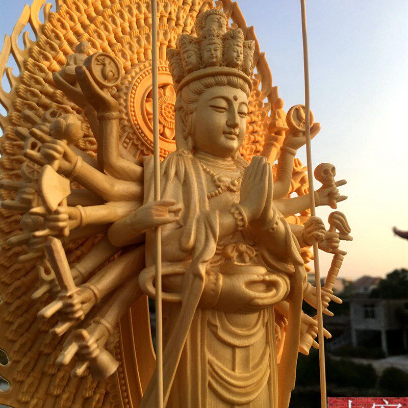 精雕桧木千手观音实木雕摆件人物佛像家居饰品车摆雕刻工艺品千眼
