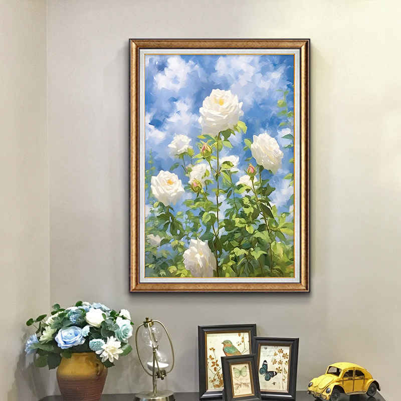 美式挂画牡丹玄关装饰画欧式复古油画走廊壁画餐厅沙发背景墙花卉