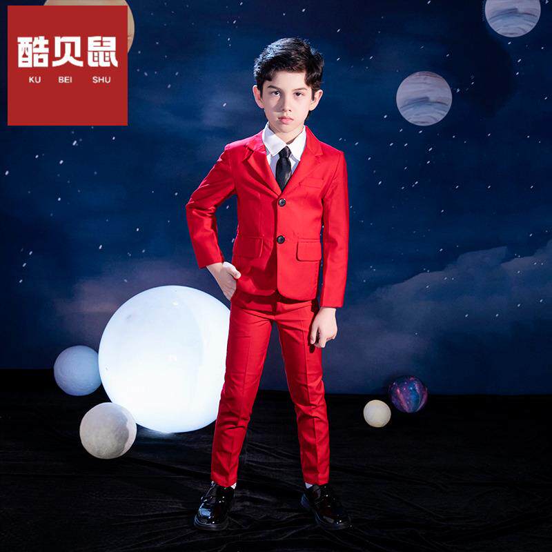 儿童西装套装红色男童主持人礼服钢琴演出服小花童外套表演服西服