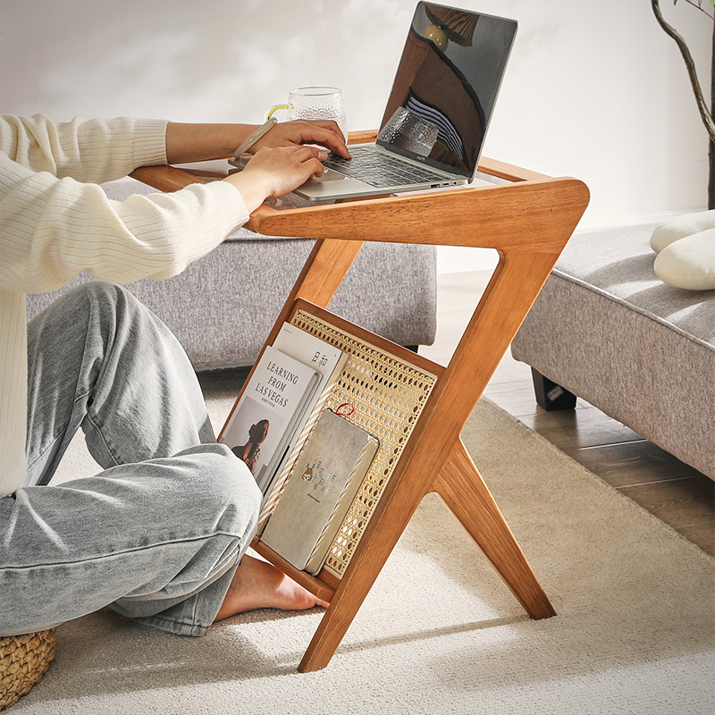 实木阳台休闲桌藤编茶几沙发边几北欧简约客厅轻奢茶桌卧室床头柜