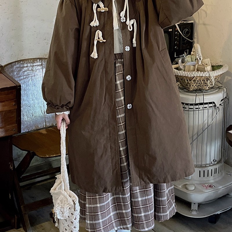森系复古娃娃领夹棉棉衣外套冬季中长款加厚纯棉棉服灯笼袖大衣