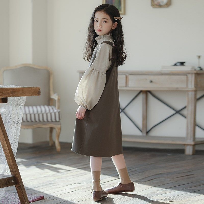 女童春装套装裙2024新款中大童春秋森系灯笼袖娃娃衫背心裙两件套