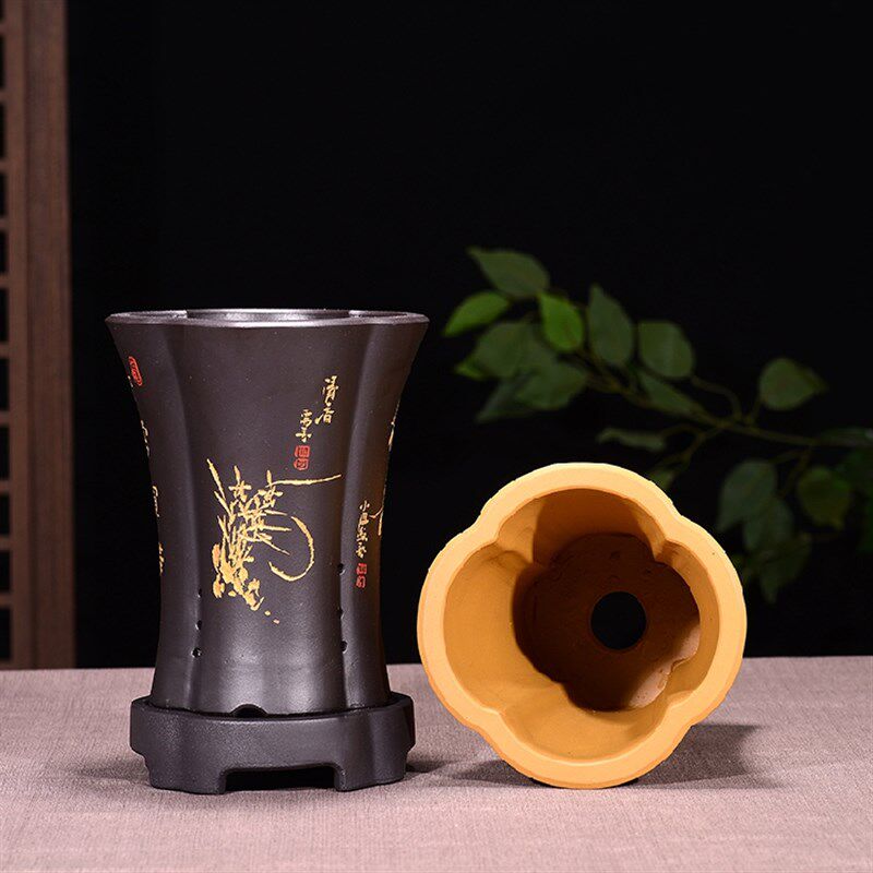宜兴精品紫砂花盆兰花盆带托盘君子兰室内窗台梅花四方陶瓷花盆