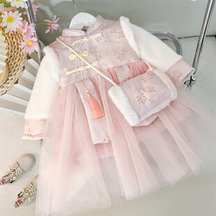 女童旗袍秋冬季加绒加厚款冬装连衣裙中国风汉服儿童唐装拜年裙子