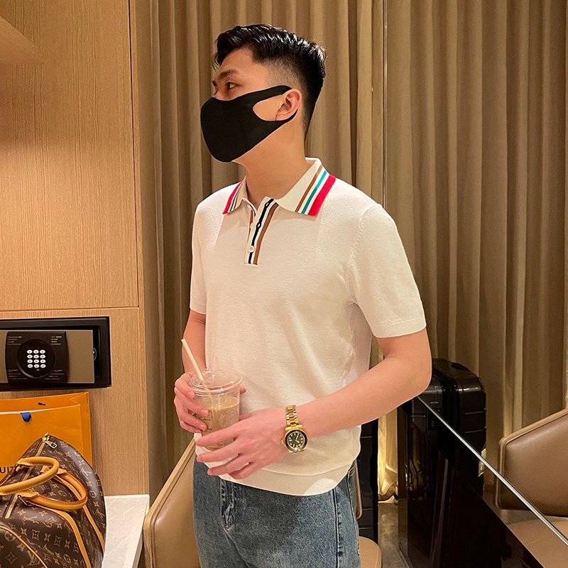 夏季新款拼色条纹领子修身短袖t恤男 休闲白色翻领针织polo衫男士