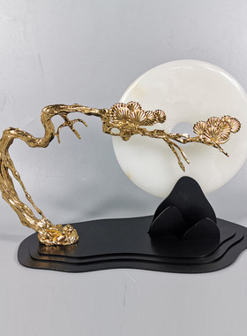 新中式玉石平安扣金属迎客松扇子摆件禅意人物招财树造景玄关装饰