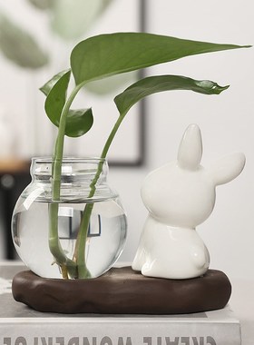 创意家庭玻璃水培卡通兔子电视柜旁小鱼缸摆件家居饰品客厅高级感
