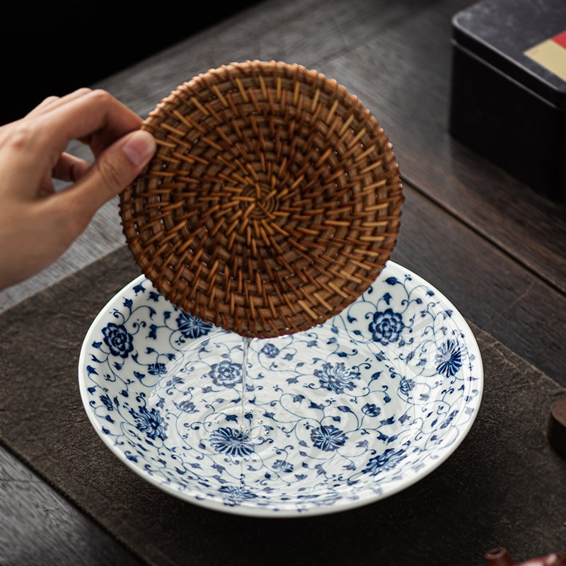 青花瓷壶承蓄水陶瓷缠枝莲壶托底座藤编养壶垫茶道零配茶具干泡盘