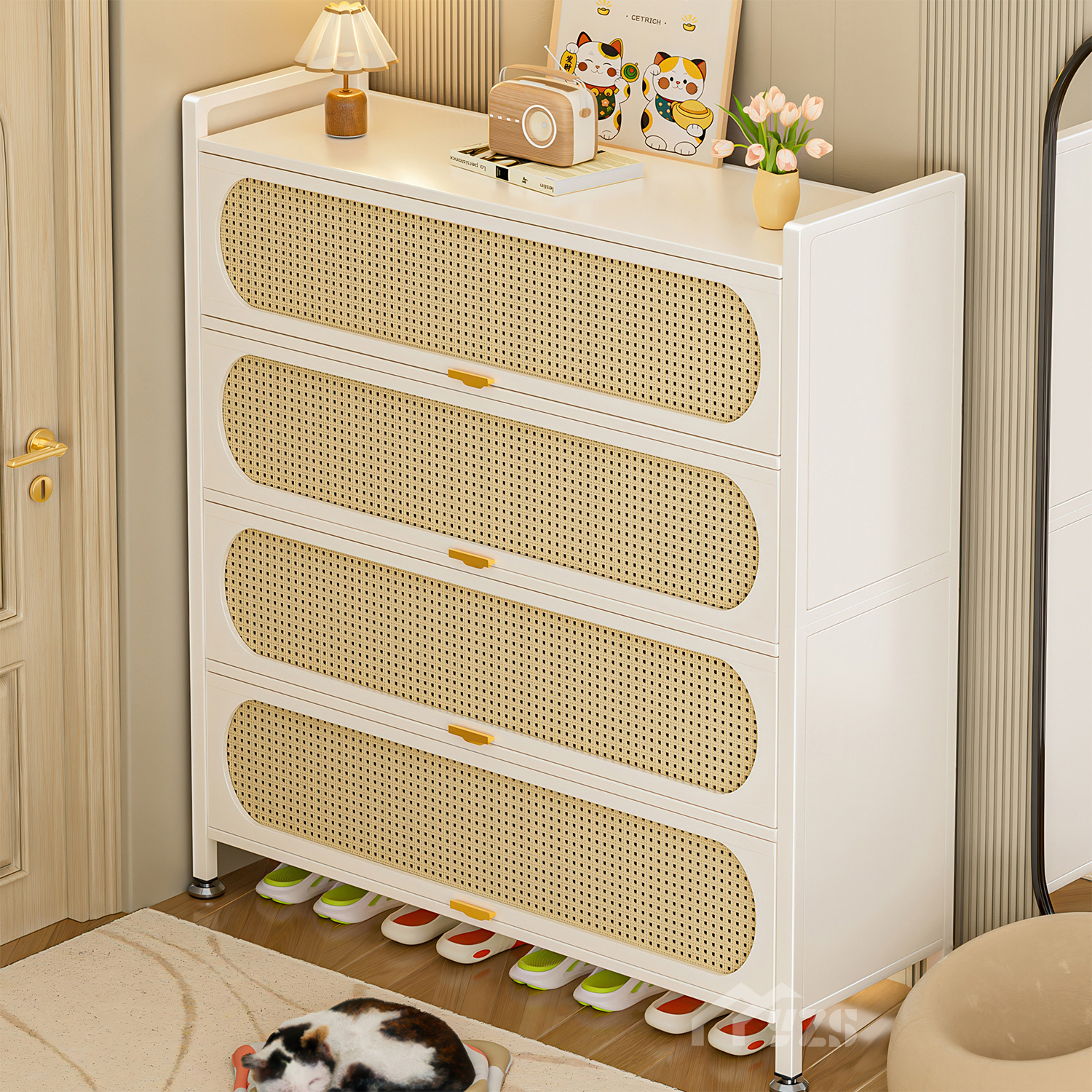 奶白藤编门鞋柜家用门口收纳柜一体靠墙入户玄关楼道带门钢制鞋架