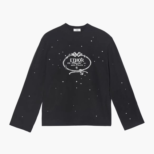 ETHOR 26SS设计师品牌黑色水洗绳结印花logo烫钻T恤Rainbow集合店
