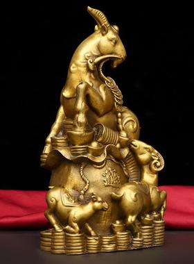 直销新款古韵斋 黄铜金钱如意羊山羊聚宝盆生肖羊钱袋羊三羊开泰