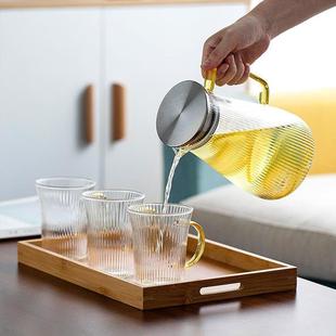 新款直销竖纹高硼硅玻璃凉水壶家用大容量果汁壶客厅不锈钢盖子冷