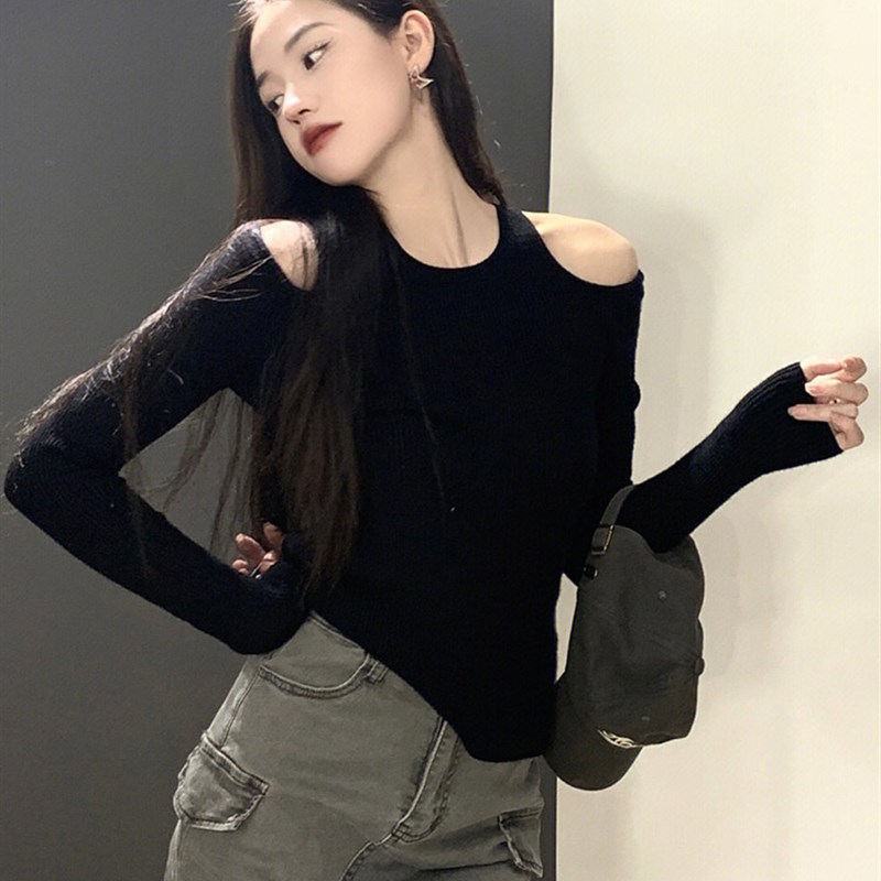 黑色镂空露背针织衫女春秋性感纯欲风毛衣内搭打底衫修身短款上衣