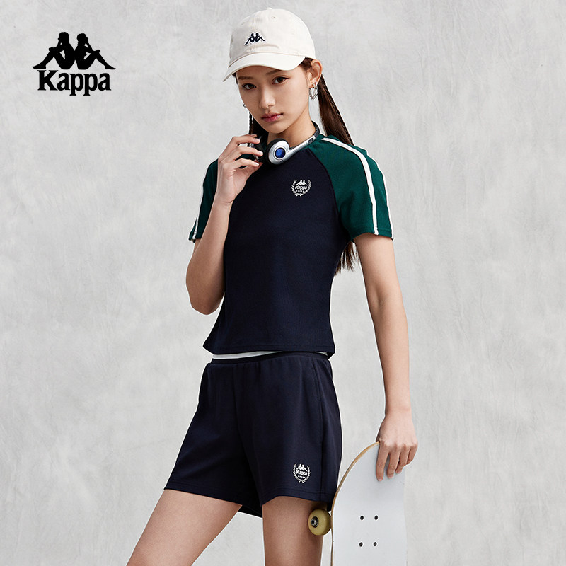 Kappa卡帕背靠背复古短袖2025新款女夏季撞色运动T恤休闲半袖上衣