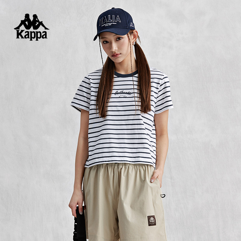 Kappa卡帕背靠背纯棉短袖夏季新款女运动条纹休闲T恤撞色半袖上衣