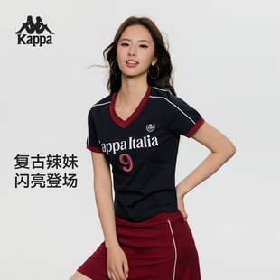 Kappa卡帕背靠背复古V领短袖T恤女2026新款撞色修身运动辣妹上衣