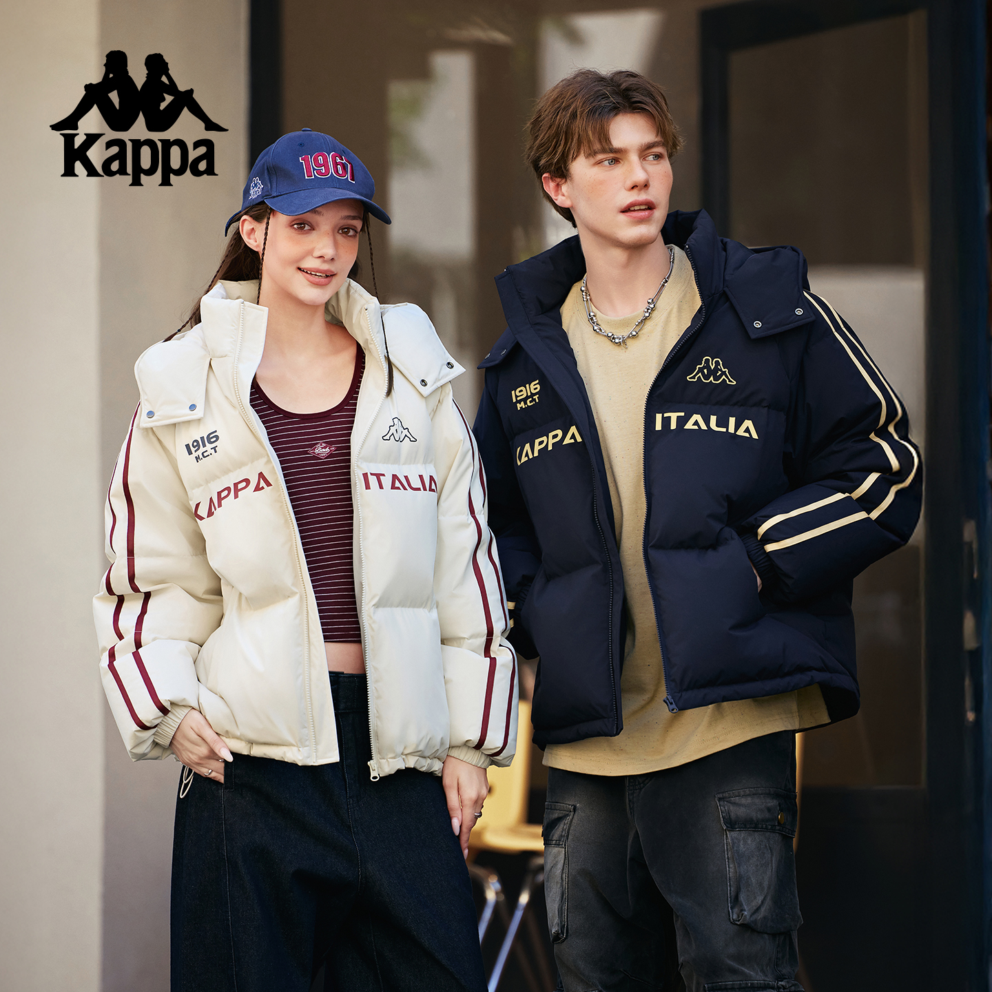 Kappa卡帕背靠背运动羽绒服情侣秋冬泽西风男女短款连帽保暖外套